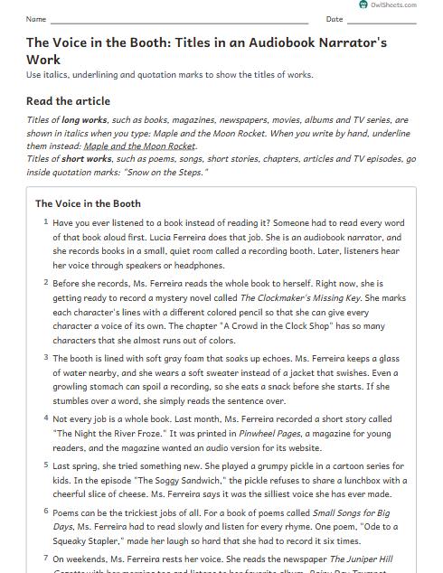 The Voice in the Booth: Titles in an Audiobook Narrator's Work worksheet preview