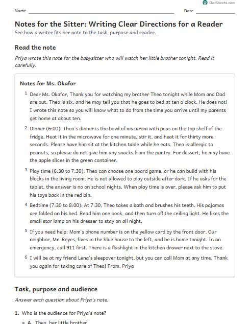 Notes for the Sitter: Writing Clear Directions for a Reader worksheet preview
