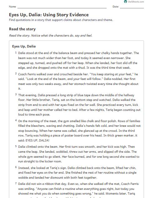 Eyes Up, Dalia: Using Story Evidence worksheet preview