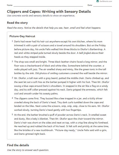 Clippers and Capes: Writing with Sensory Details worksheet preview
