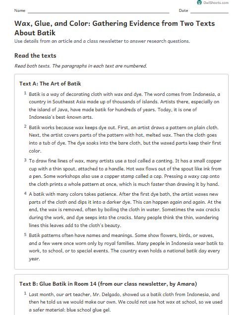 Wax, Glue, and Color: Gathering Evidence from Two Texts About Batik worksheet preview