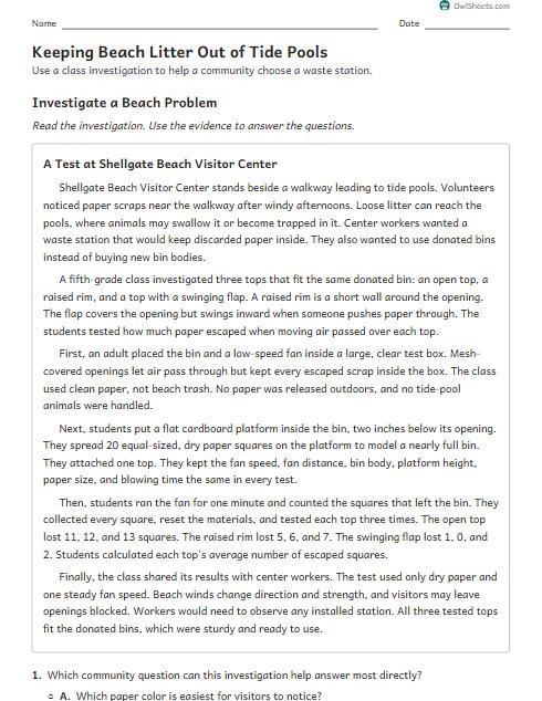 Keeping Beach Litter Out of Tide Pools worksheet preview