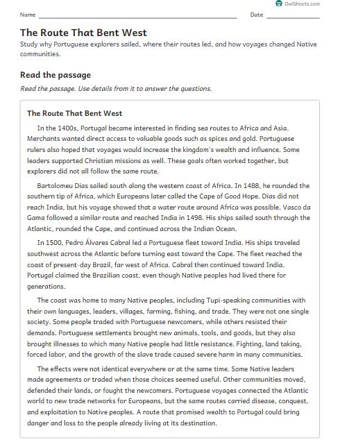The Route That Bent West worksheet preview