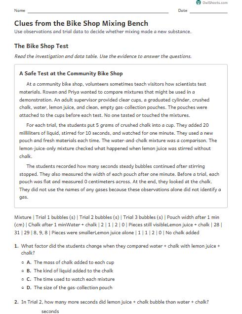 Clues from the Bike Shop Mixing Bench worksheet preview