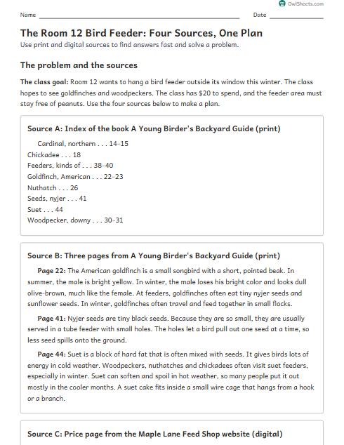 The Room 12 Bird Feeder: Four Sources, One Plan worksheet preview
