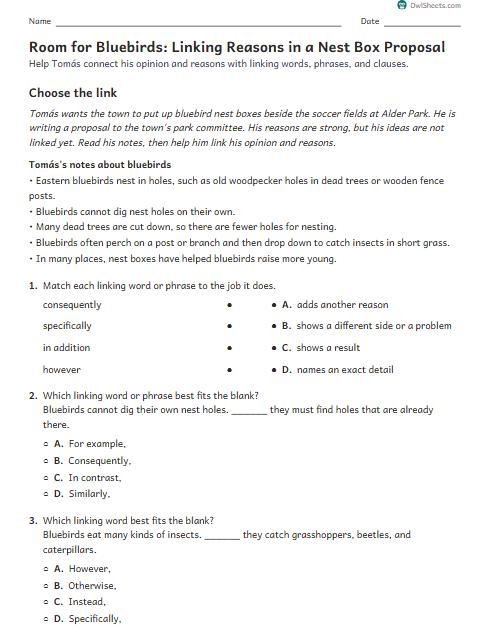 Room for Bluebirds: Linking Reasons in a Nest Box Proposal worksheet preview