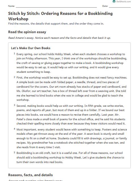 Stitch by Stitch: Ordering Reasons for a Bookbinding Workshop worksheet preview