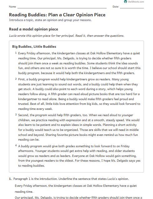 Reading Buddies: Plan a Clear Opinion Piece worksheet preview