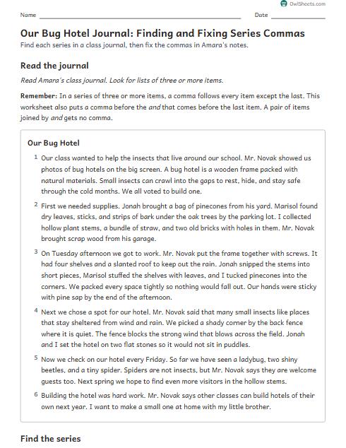 Our Bug Hotel Journal: Finding and Fixing Series Commas worksheet preview