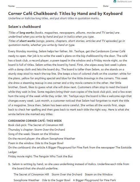 Corner Café Chalkboard: Titles by Hand and by Keyboard worksheet preview