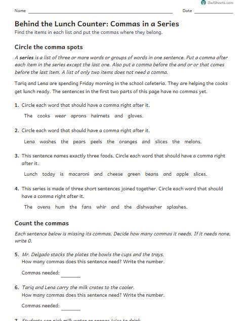Behind the Lunch Counter: Commas in a Series worksheet preview
