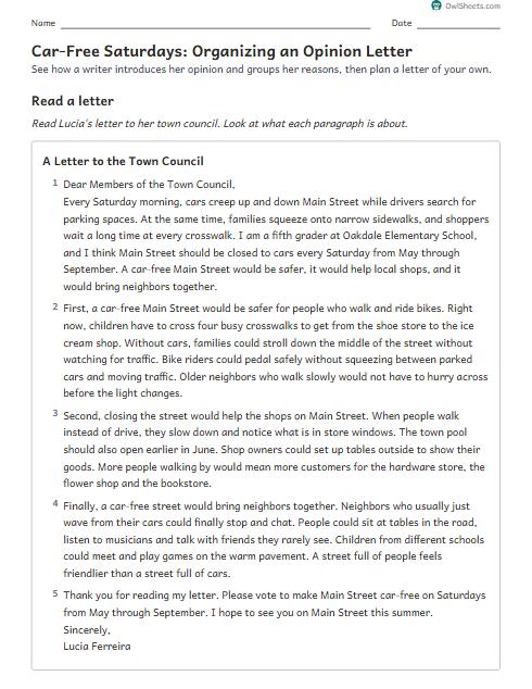 Car-Free Saturdays: Organizing an Opinion Letter worksheet preview