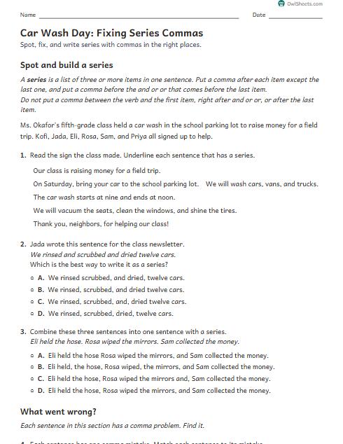 Car Wash Day: Fixing Series Commas worksheet preview