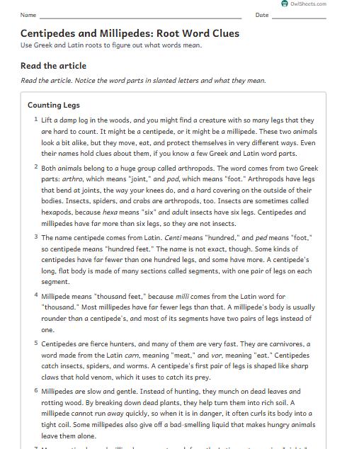 Centipedes and Millipedes: Root Word Clues worksheet preview