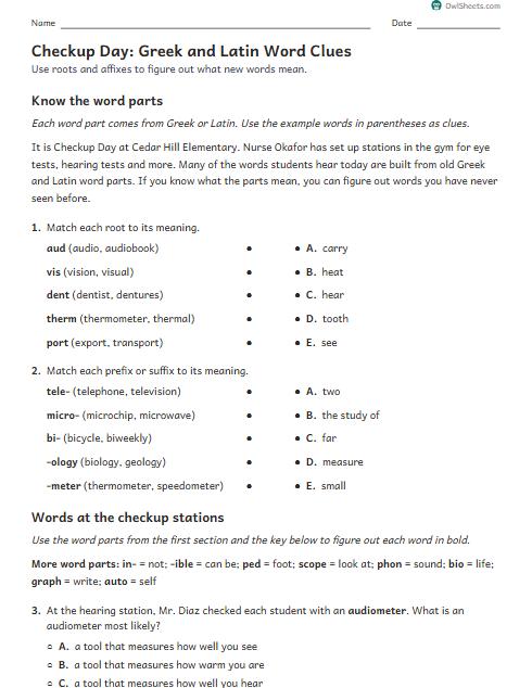 Checkup Day: Greek and Latin Word Clues worksheet preview