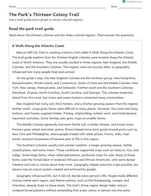 The Park's Thirteen-Colony Trail worksheet preview