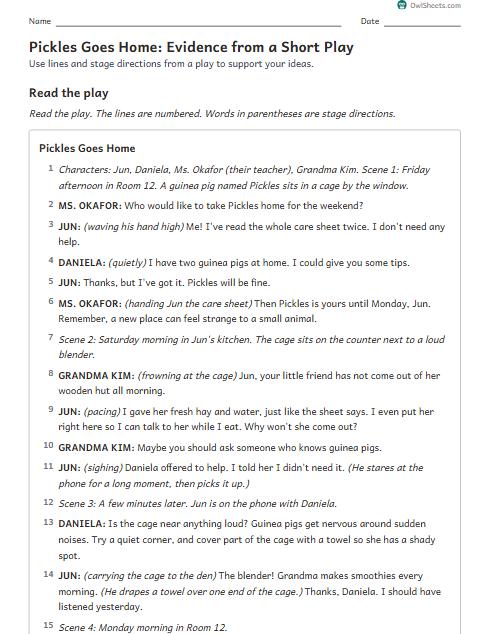 Pickles Goes Home: Evidence from a Short Play worksheet preview