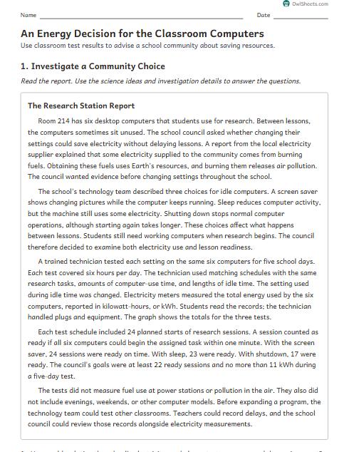 An Energy Decision for the Classroom Computers worksheet preview