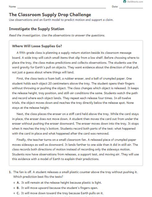 The Classroom Supply Drop Challenge worksheet preview