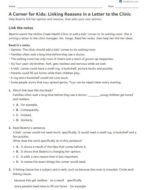 A Corner for Kids: Linking Reasons in a Letter to the Clinic worksheet preview