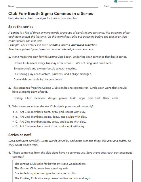 Club Fair Booth Signs: Commas in a Series worksheet preview