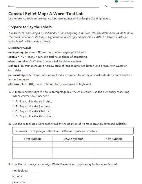 Coastal Relief Map: A Word-Tool Lab worksheet preview