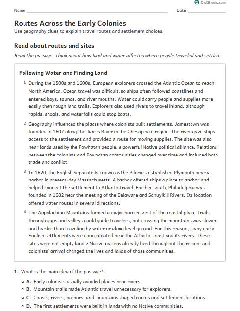 Routes Across the Early Colonies worksheet preview