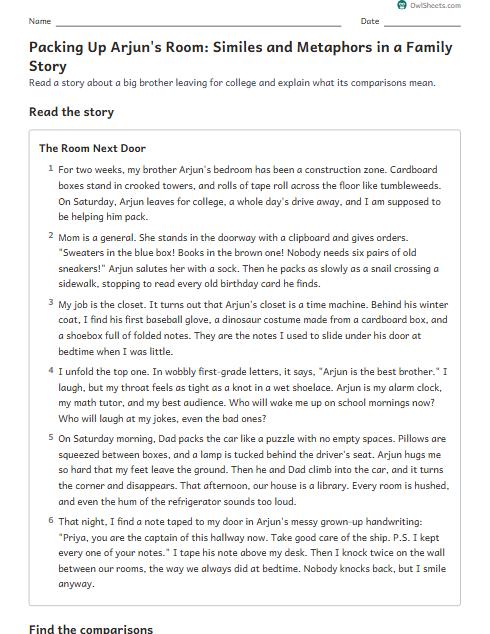 Packing Up Arjun's Room: Similes and Metaphors in a Family Story worksheet preview