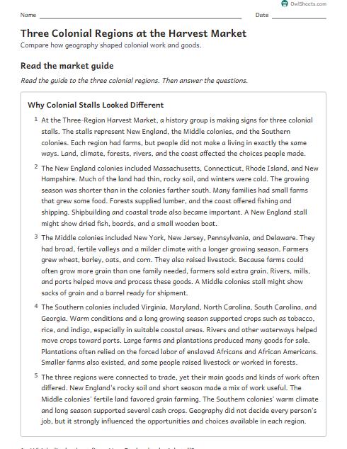Three Colonial Regions at the Harvest Market worksheet preview