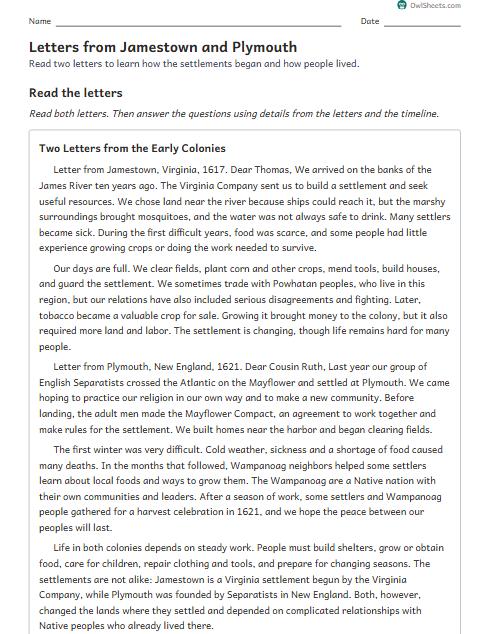 Letters from Jamestown and Plymouth worksheet preview