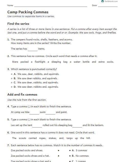 Camp Packing Commas worksheet preview
