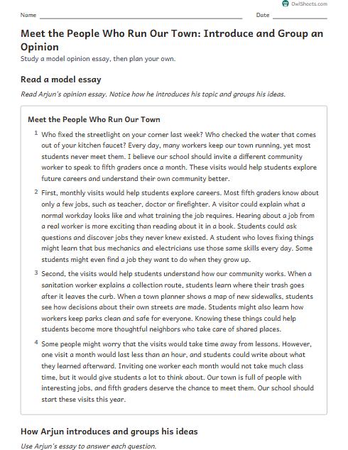 Meet the People Who Run Our Town: Introduce and Group an Opinion worksheet preview