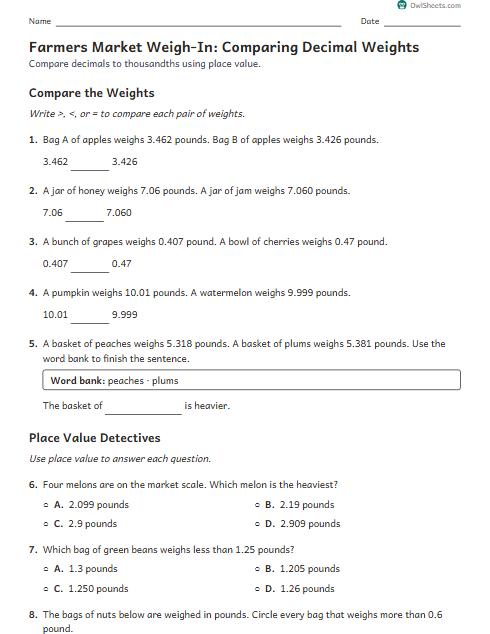 Farmers Market Weigh-In: Comparing Decimal Weights worksheet preview
