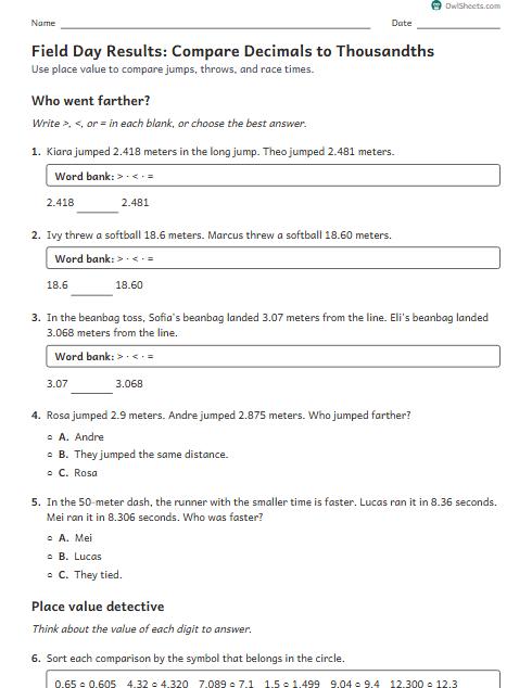 Field Day Results: Compare Decimals to Thousandths worksheet preview