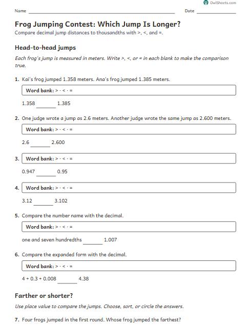 Frog Jumping Contest: Which Jump Is Longer? worksheet preview