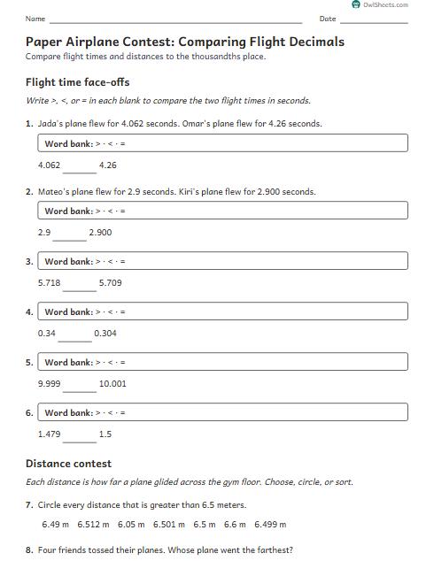 Paper Airplane Contest: Comparing Flight Decimals worksheet preview