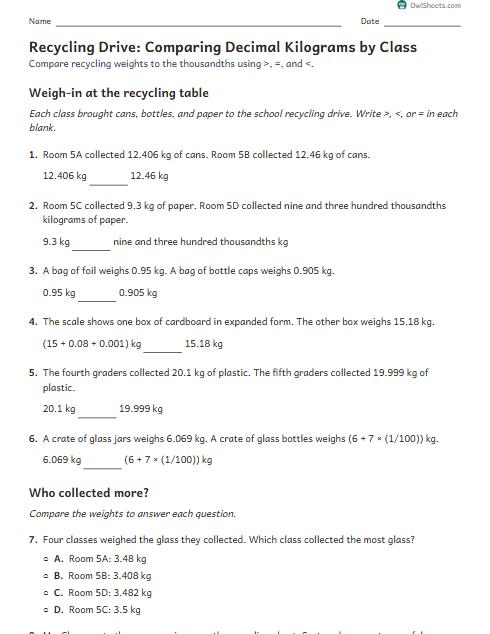 Recycling Drive: Comparing Decimal Kilograms by Class worksheet preview