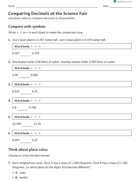 Comparing Decimals at the Science Fair worksheet preview
