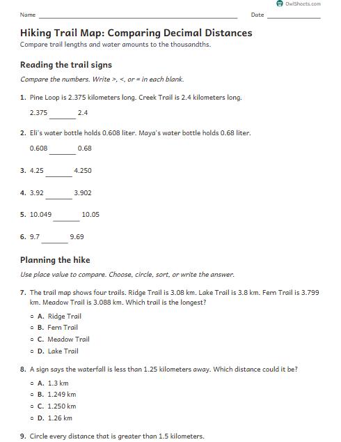 Hiking Trail Map: Comparing Decimal Distances worksheet preview