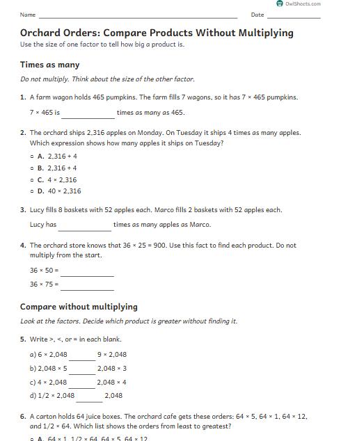 Orchard Orders: Compare Products Without Multiplying worksheet preview