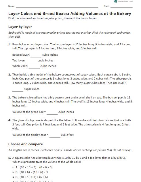 Layer Cakes and Bread Boxes: Adding Volumes at the Bakery worksheet preview