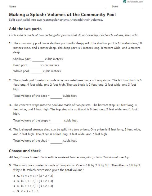 Making a Splash: Volumes at the Community Pool worksheet preview