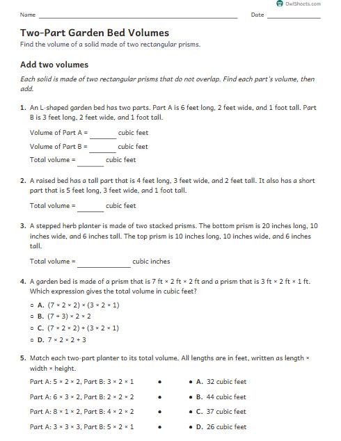 Two-Part Garden Bed Volumes worksheet preview
