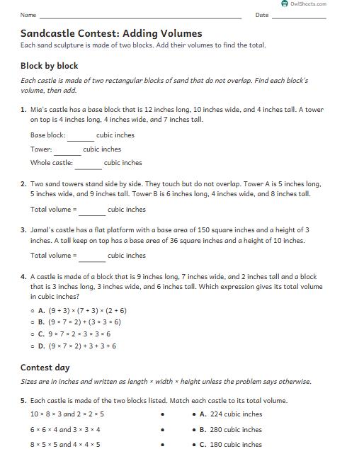 Sandcastle Contest: Adding Volumes worksheet preview