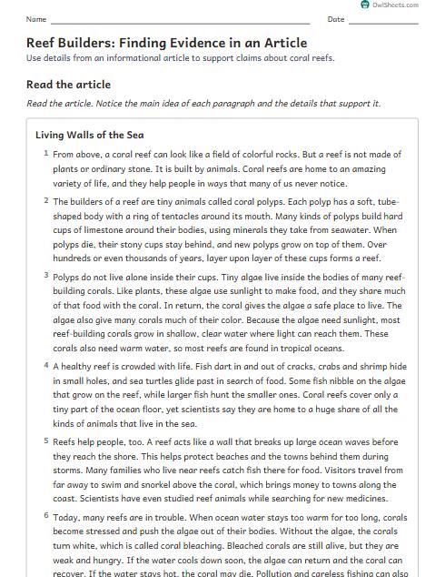 Reef Builders: Finding Evidence in an Article worksheet preview
