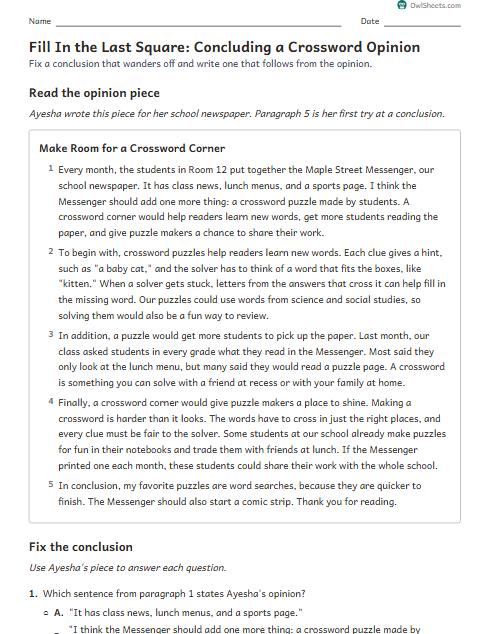 Fill In the Last Square: Concluding a Crossword Opinion worksheet preview