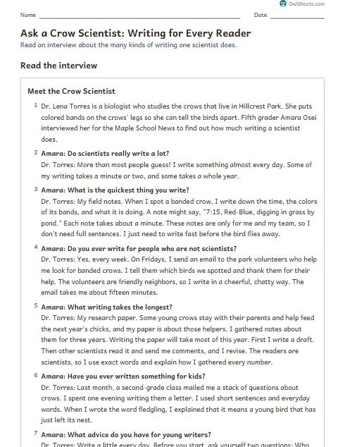 Ask a Crow Scientist: Writing for Every Reader worksheet preview
