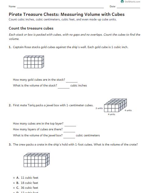 Pirate Treasure Chests: Measuring Volume with Cubes worksheet preview