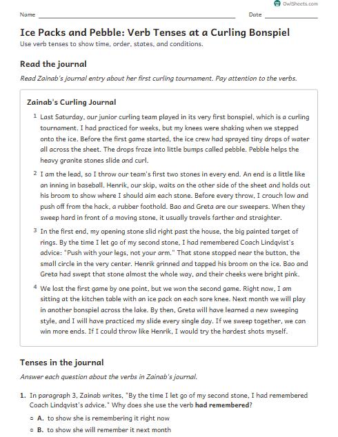 Ice Packs and Pebble: Verb Tenses at a Curling Bonspiel worksheet preview