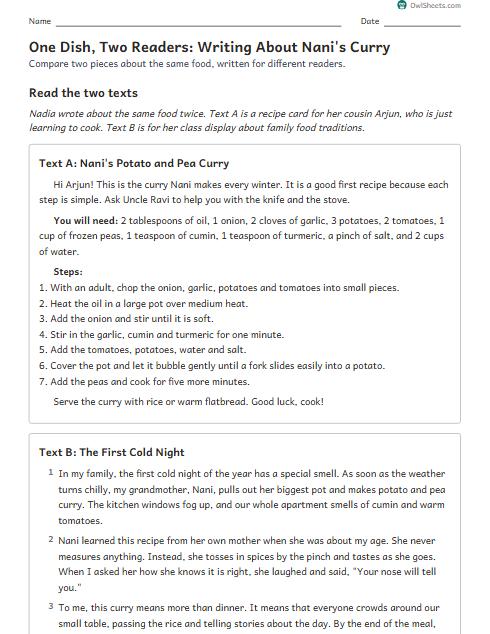 One Dish, Two Readers: Writing About Nani's Curry worksheet preview